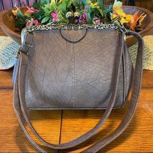 Taupe kiss clasp close crossbody/clutch